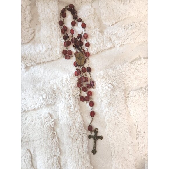 Vintage Red Glass Rosary Necklace – Bronze Cross & Medal - Picture 2 of 10